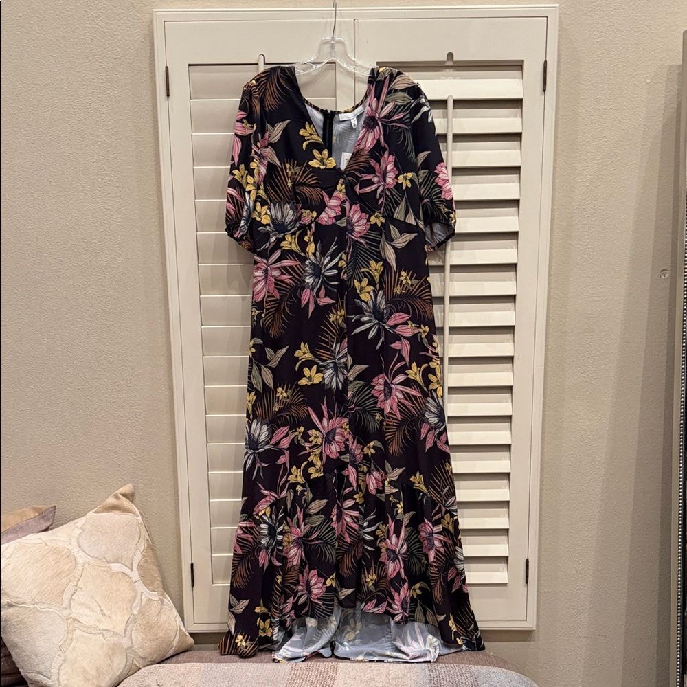 Chic Floral High Low Dress - Black, Pink, Yellow By Fourteenth Place